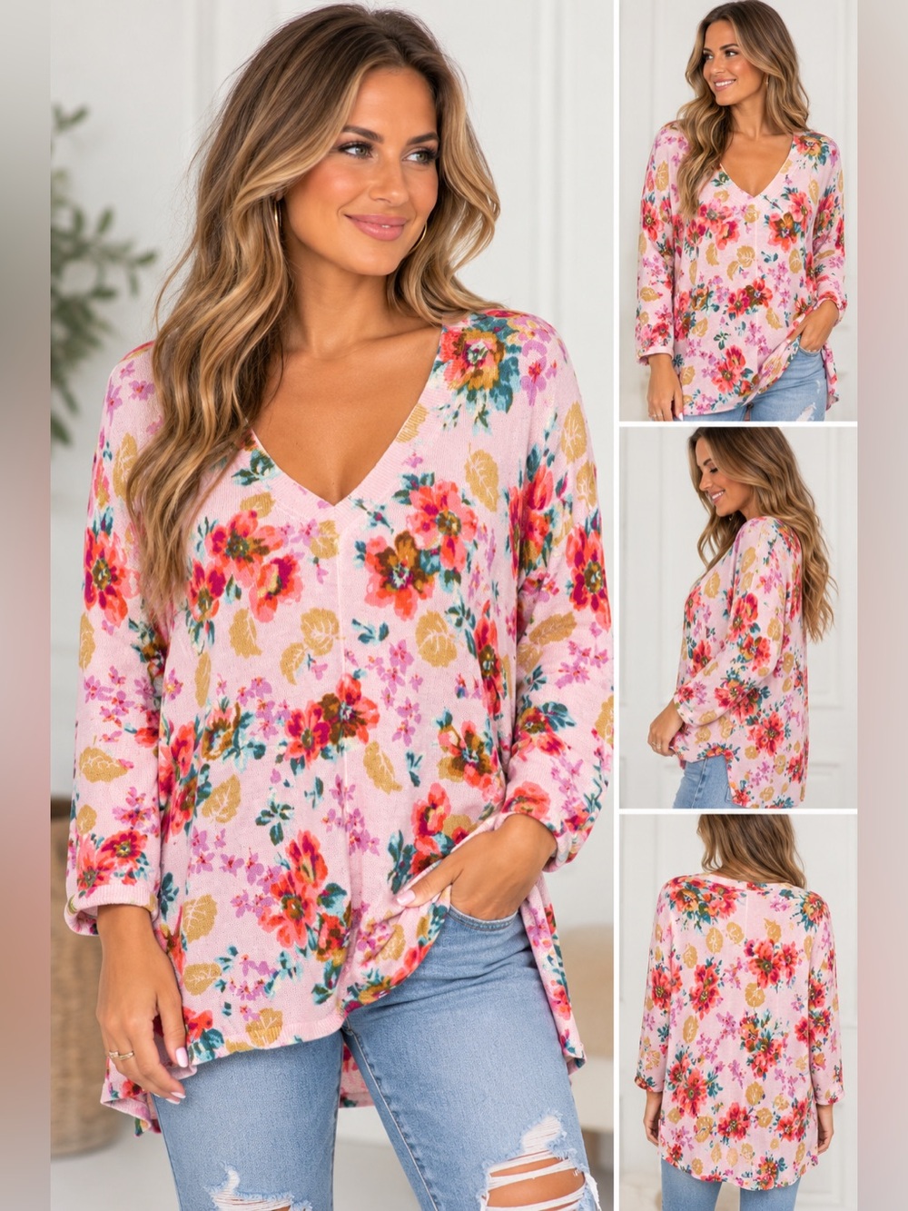 Sundance Women's Pink Floral Long Sleeve V-Neck lightweight sweater size medium
